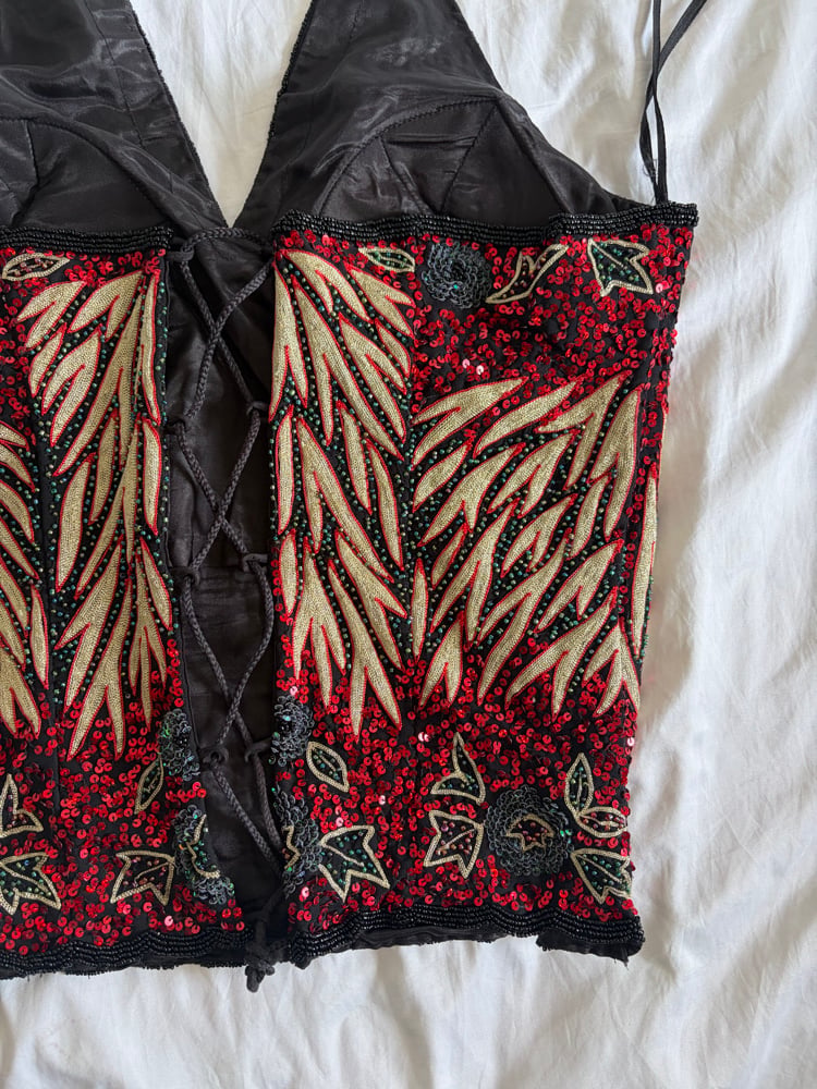 Vintage black and red corset beaded and sequin style halter
