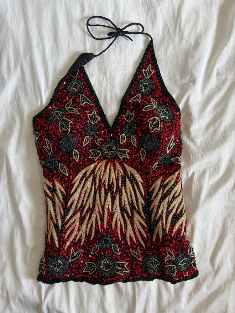 Vintage black and red corset beaded and sequin style halter