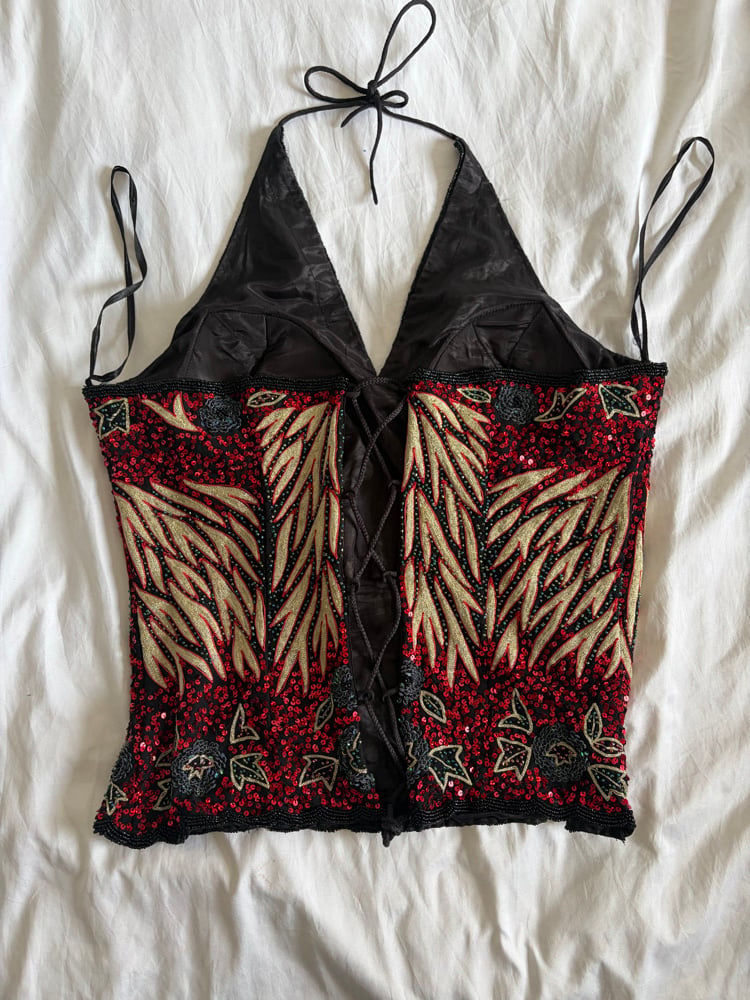 Vintage black and red corset beaded and sequin style halter