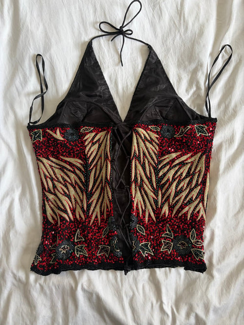 Vintage black and red corset beaded and sequin style halter