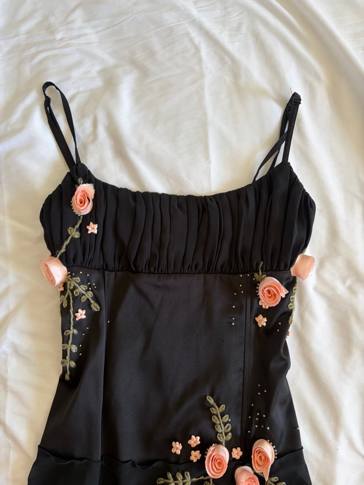 Vintage Y2K 2000s deadstock black fairy cami with floral applique detail