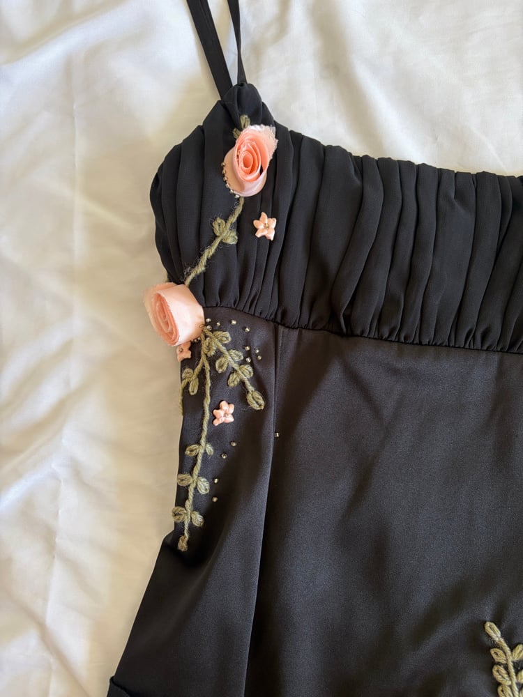 Vintage Y2K 2000s deadstock black fairy cami with floral applique detail