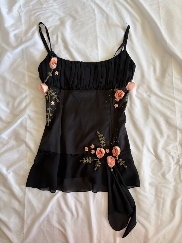Vintage Y2K 2000s deadstock black fairy cami with floral applique detail