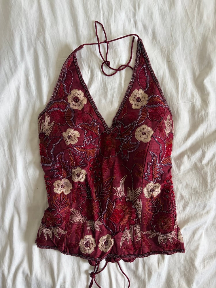 Vintage Y2K 2000s deadstock burgundy silk beaded and floral sequin corset style halter