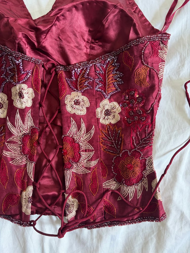 Vintage Y2K 2000s deadstock burgundy silk beaded and floral sequin corset style halter