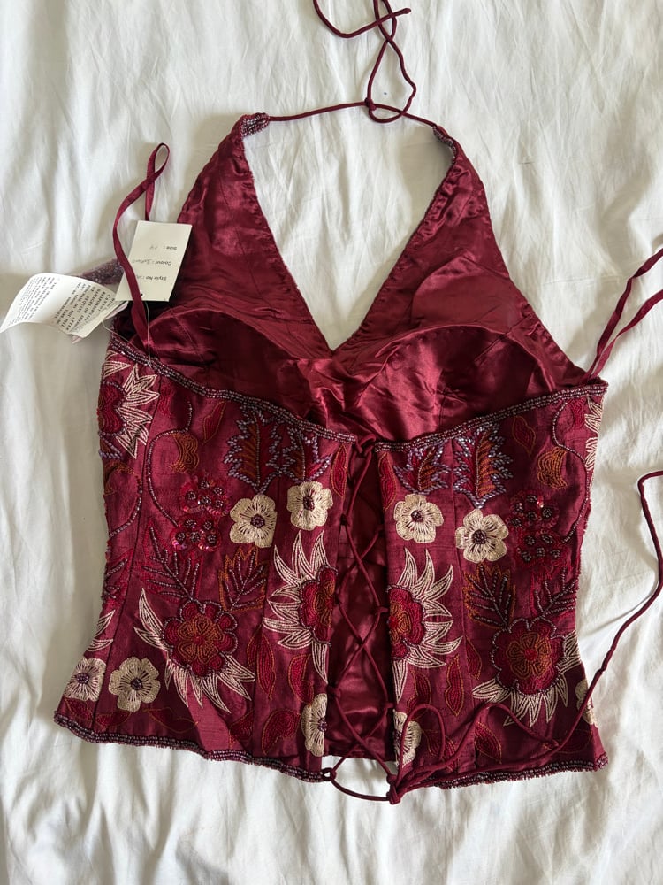 Vintage Y2K 2000s deadstock burgundy silk beaded and floral sequin corset style halter