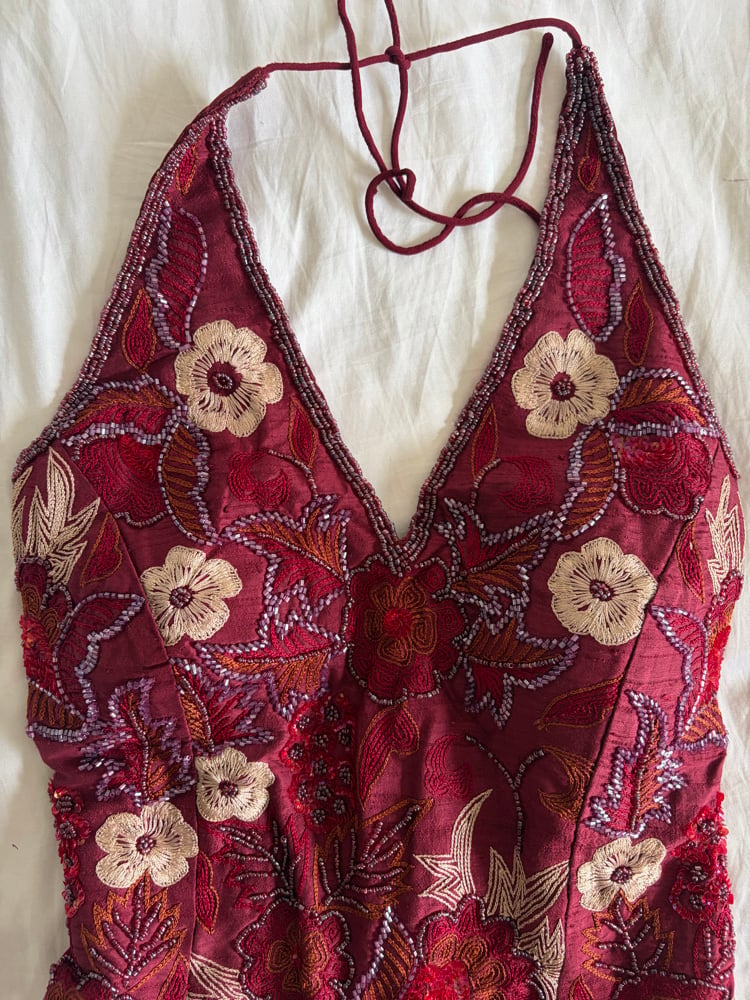Vintage Y2K 2000s deadstock burgundy silk beaded and floral sequin corset style halter