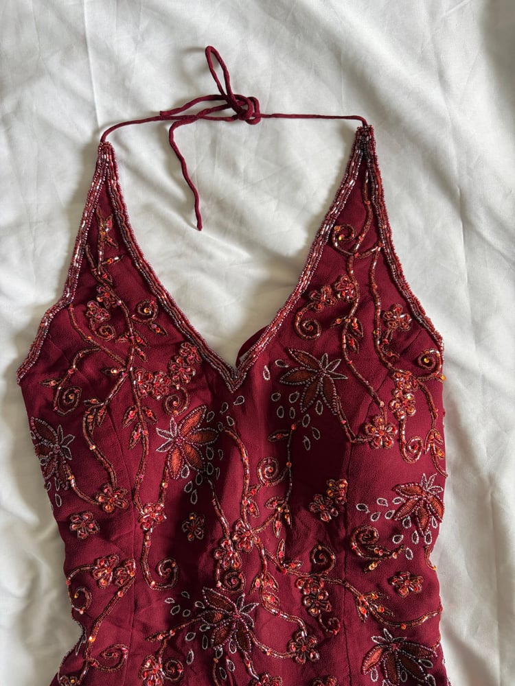 Vintage Y2K 2000s deadstock burgundy silk beaded sequin corset style halter