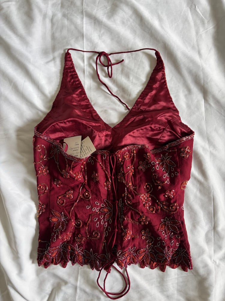 Vintage Y2K 2000s deadstock burgundy silk beaded sequin corset style halter