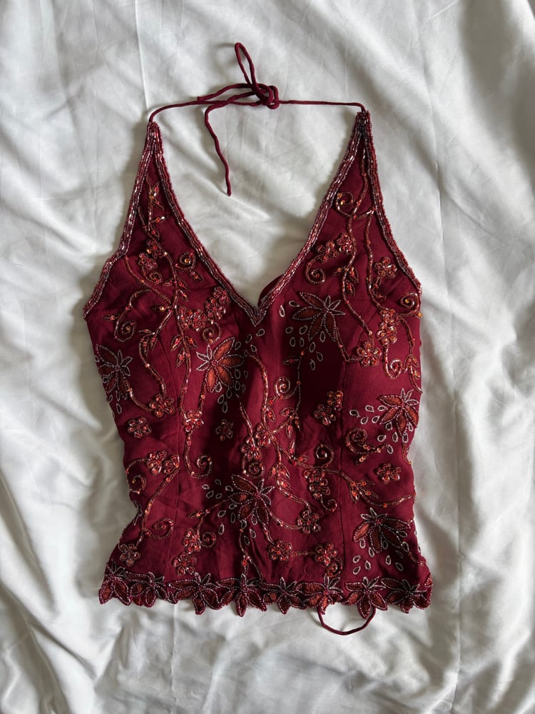Vintage Y2K 2000s deadstock burgundy silk beaded sequin corset style halter