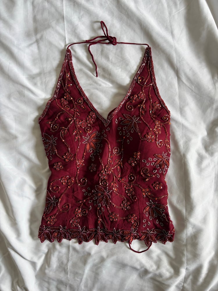 Vintage Y2K 2000s deadstock burgundy silk beaded sequin corset style halter