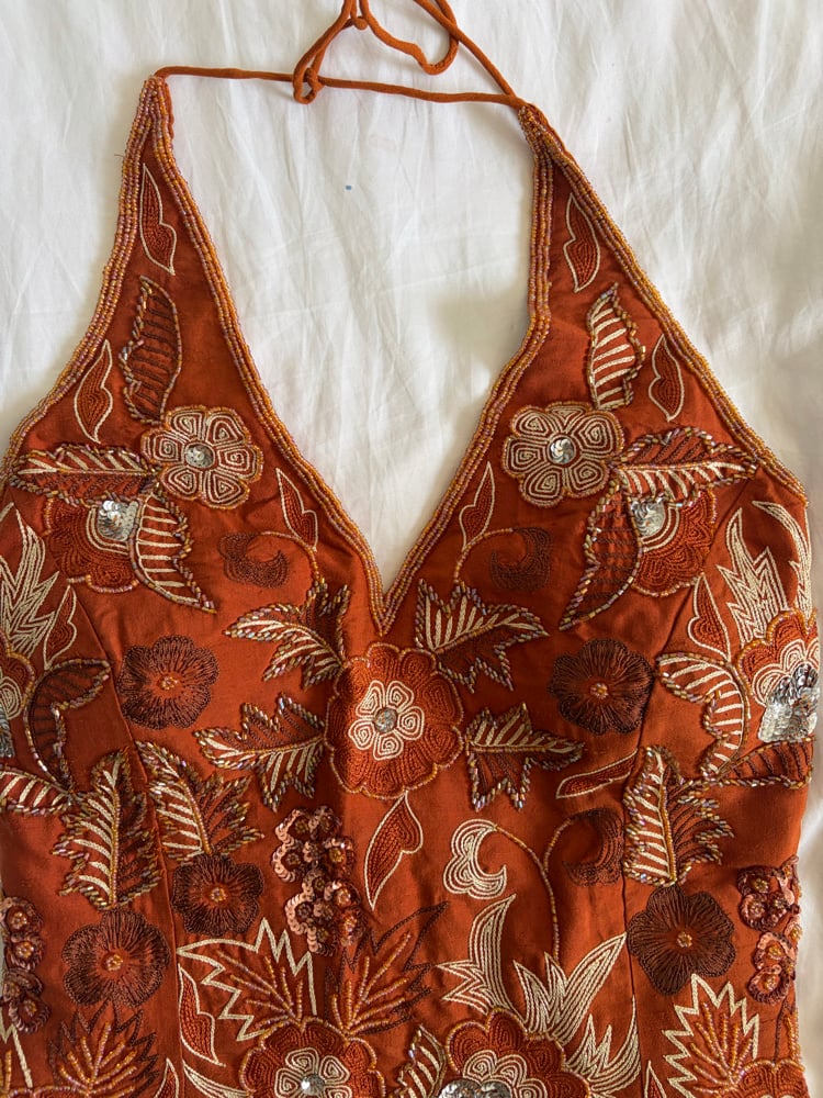Vintage Y2K 2000s deadstock burned orange silk beaded, bronze and silver sequin corset style halter