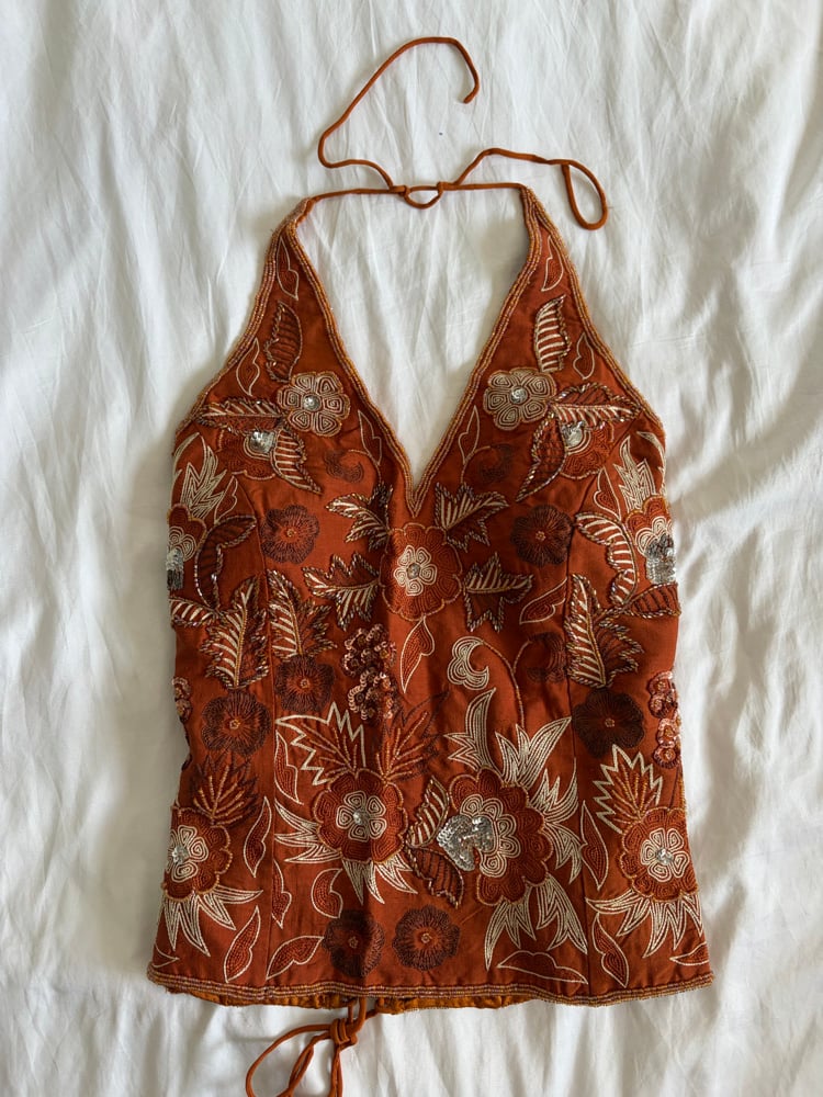 Vintage Y2K 2000s deadstock burned orange silk beaded, bronze and silver sequin corset style halter