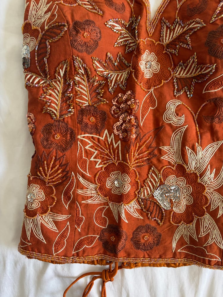 Vintage Y2K 2000s deadstock burned orange silk beaded, bronze and silver sequin corset style halter