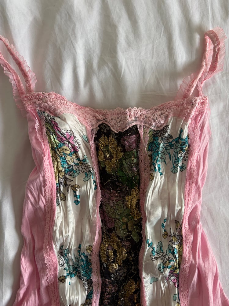 Vintage Y2K 2000s deadstock pink fairy top with lace and sparkles