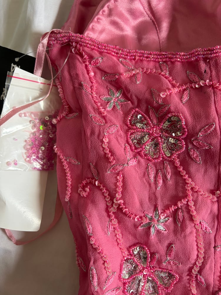 Vintage Y2K 2000s deadstock pink silk beaded and floral silver sequin corset style halter