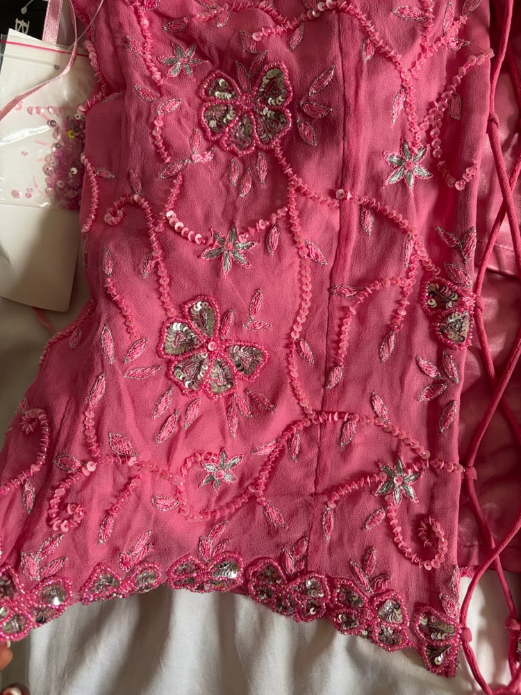 Vintage Y2K 2000s deadstock pink silk beaded and floral silver sequin corset style halter
