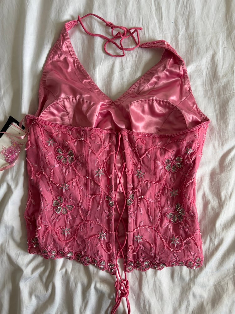 Vintage Y2K 2000s deadstock pink silk beaded and floral silver sequin corset style halter