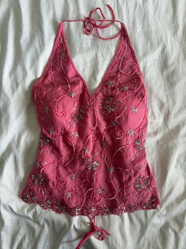Vintage Y2K 2000s deadstock pink silk beaded and floral silver sequin corset style halter