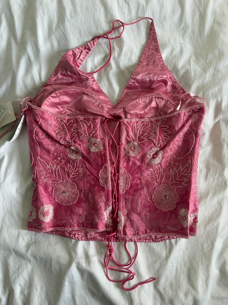 Vintage Y2K 2000s deadstock pink silk beaded and gun metal grey sequin corset style halter