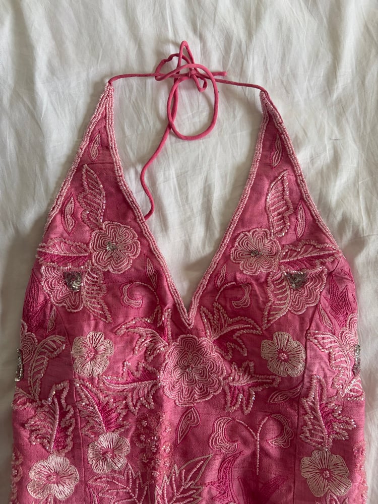 Vintage Y2K 2000s deadstock pink silk beaded and gun metal grey sequin corset style halter