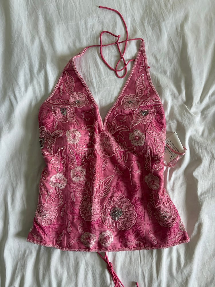 Vintage Y2K 2000s deadstock pink silk beaded and gun metal grey sequin corset style halter