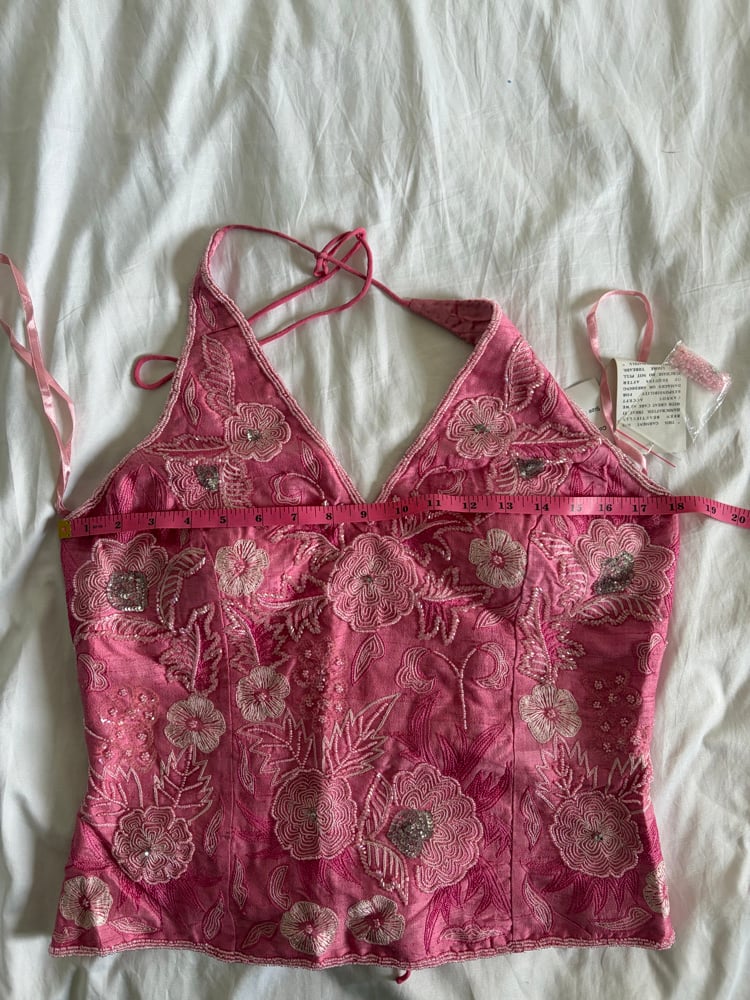 Vintage Y2K 2000s deadstock pink silk beaded and gun metal grey sequin corset style halter