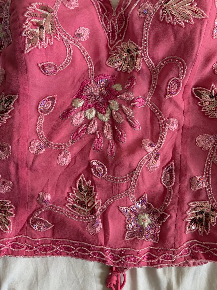 Vintage Y2K 2000s deadstock pink silk beaded floral pink and silver sequin corset style halter