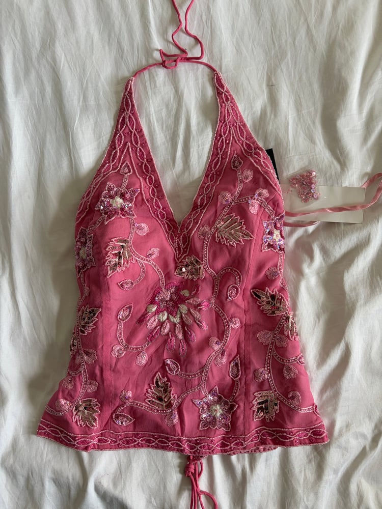 Vintage Y2K 2000s deadstock pink silk beaded floral pink and silver sequin corset style halter