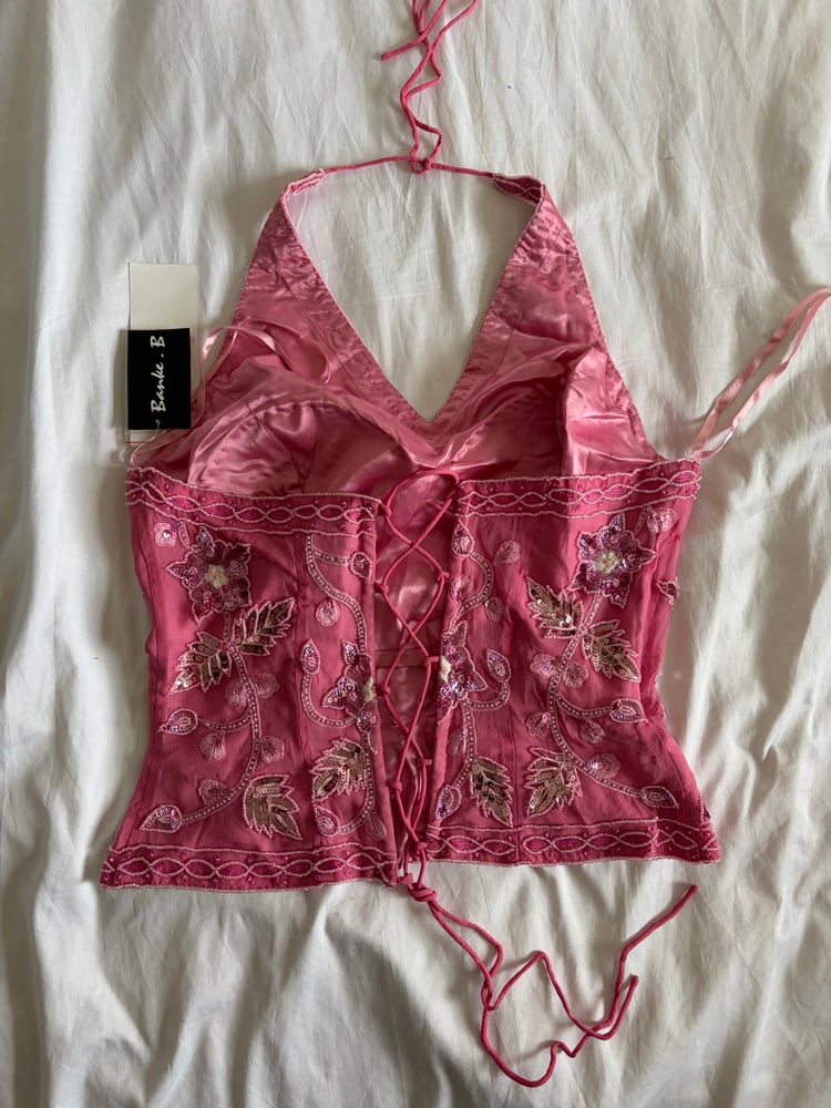 Vintage Y2K 2000s deadstock pink silk beaded floral pink and silver sequin corset style halter