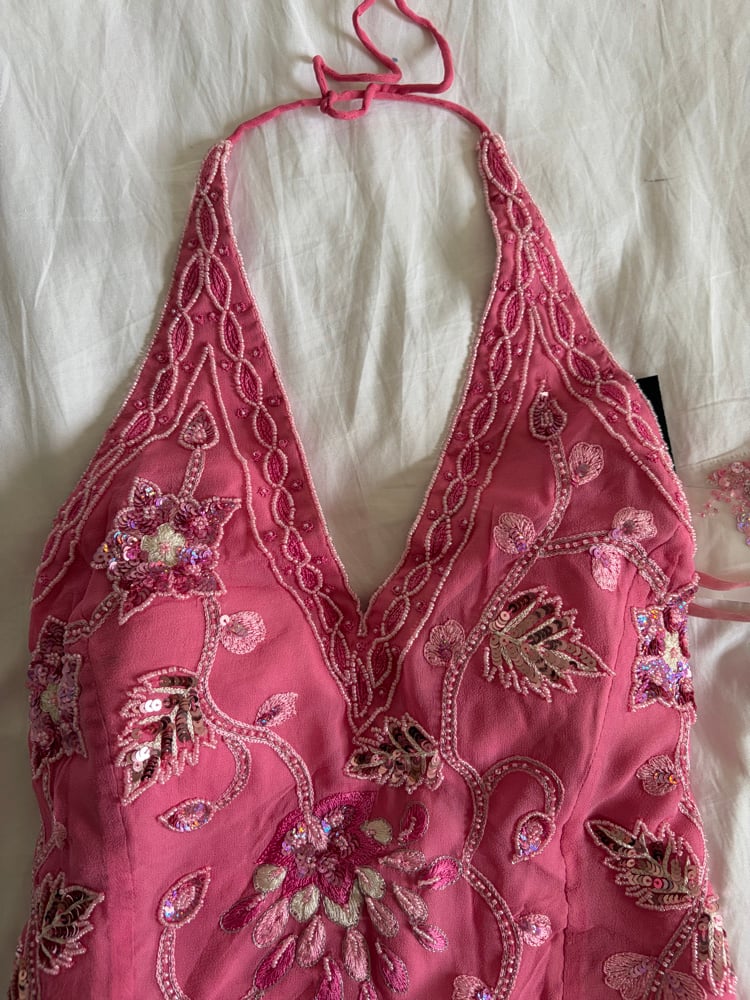 Vintage Y2K 2000s deadstock pink silk beaded floral pink and silver sequin corset style halter