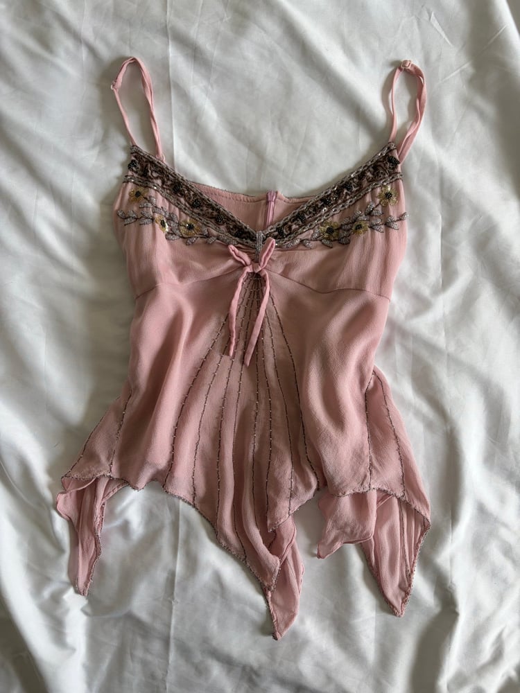 Vintage Y2K 2004 Karen Millen pink handkerchief hem cami with beaded bust detail