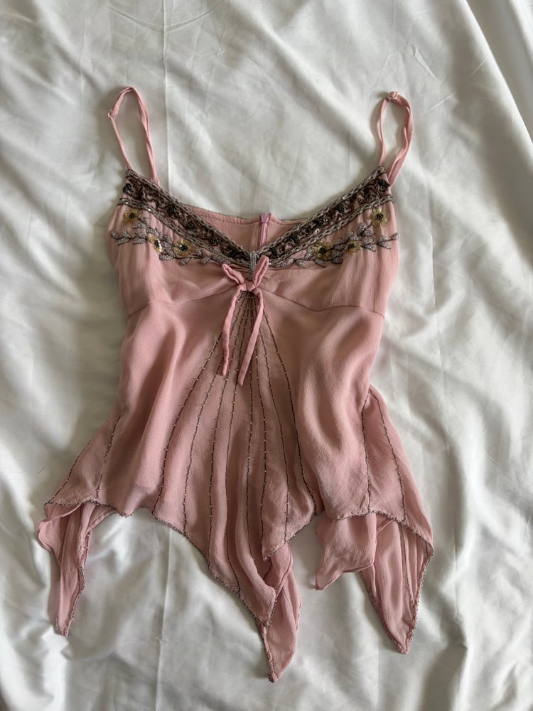 Vintage Y2K 2004 Karen Millen pink handkerchief hem cami with beaded bust detail