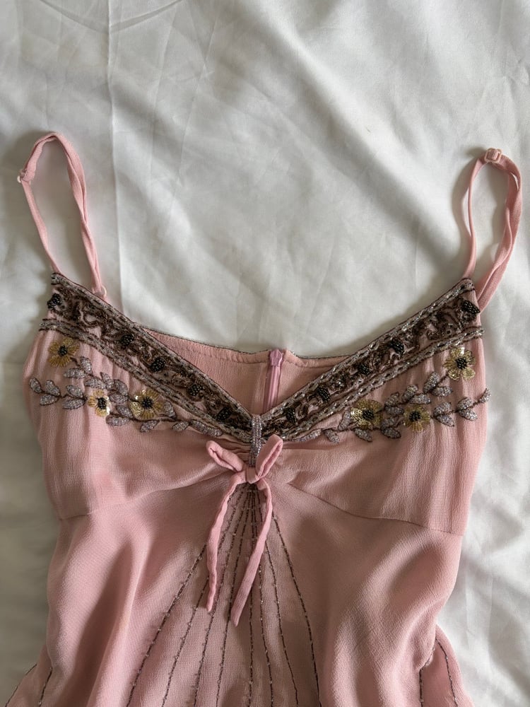 Vintage Y2K 2004 Karen Millen pink handkerchief hem cami with beaded bust detail