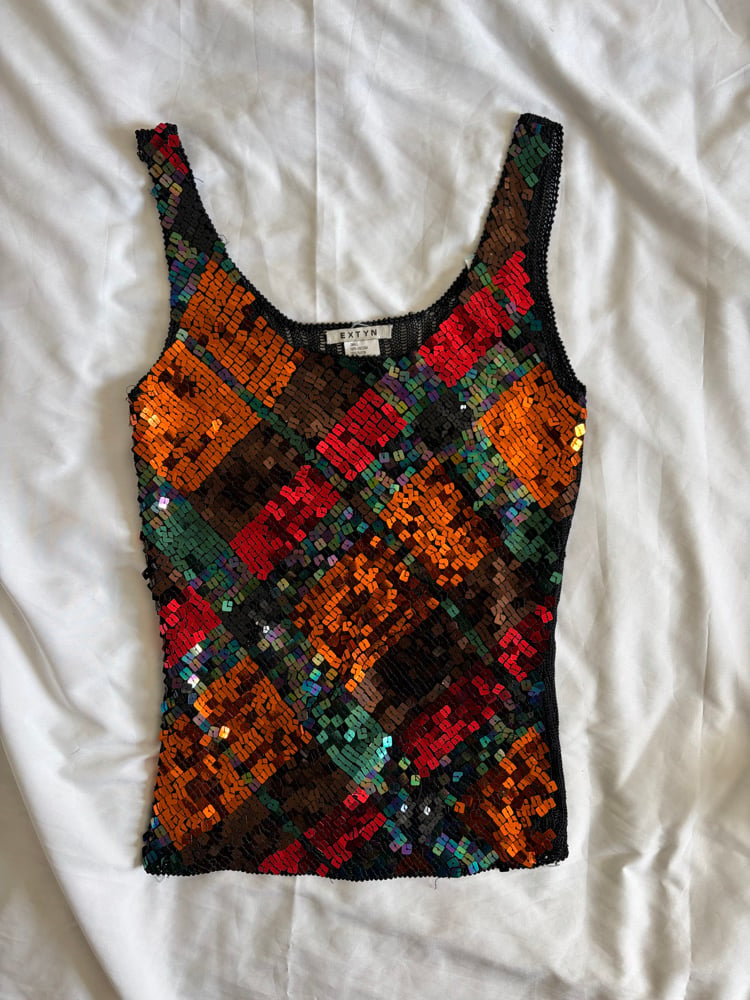 Vintage Y2K grungy abstract crochet colourful sequin cami