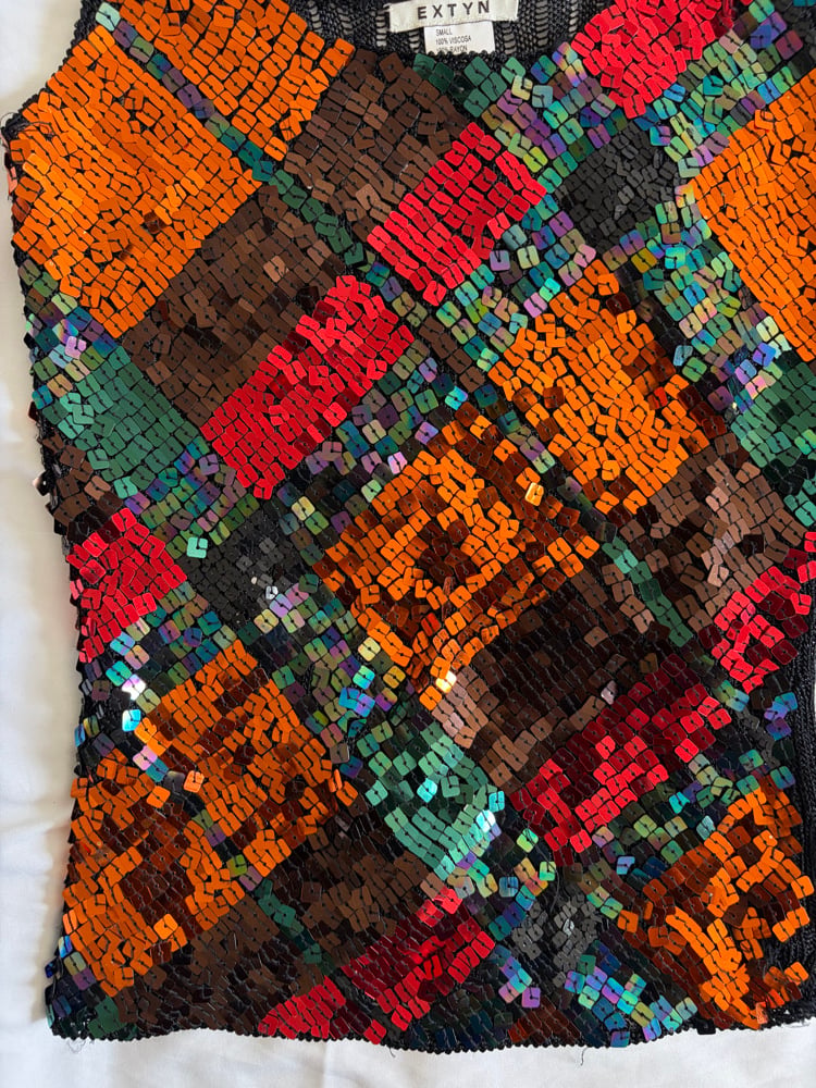 Vintage Y2K grungy abstract crochet colourful sequin cami
