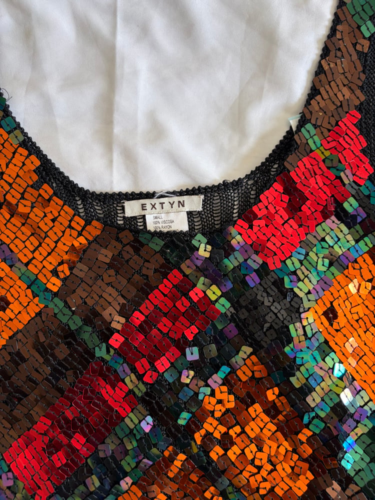 Vintage Y2K grungy abstract crochet colourful sequin cami