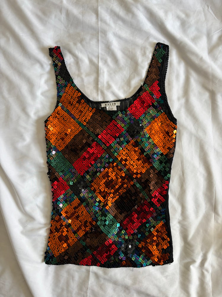 Vintage Y2K grungy abstract crochet colourful sequin cami