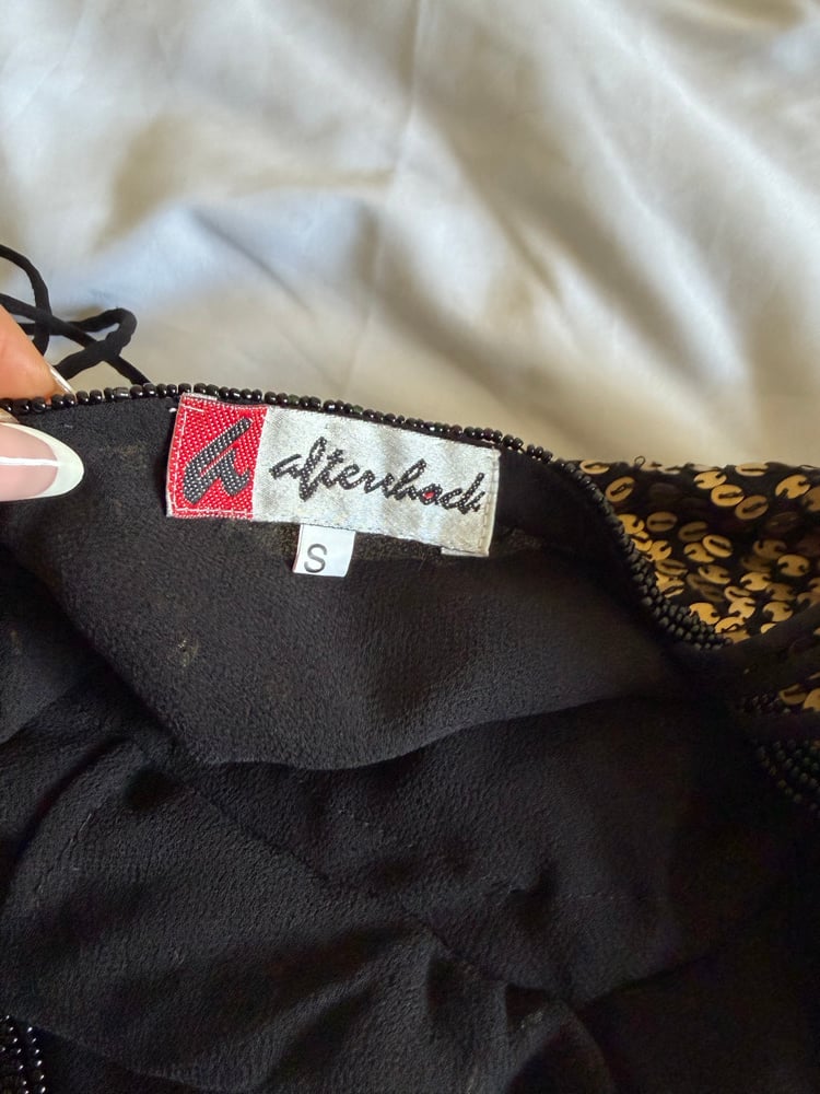 Vintage Y2K Aftershock black silk fair cami with gold sequins