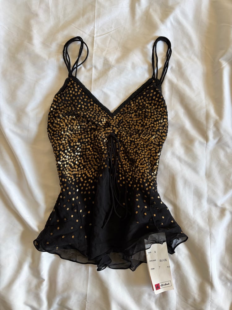 Vintage Y2K Aftershock black silk fair cami with gold sequins