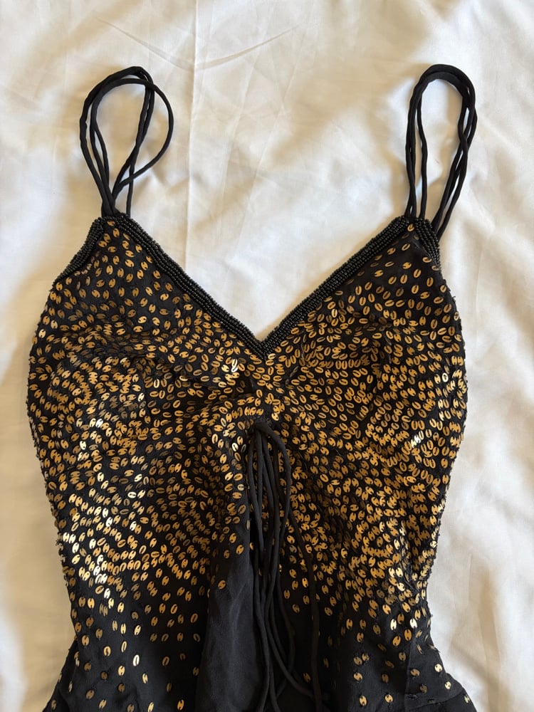 Vintage Y2K Aftershock black silk fair cami with gold sequins