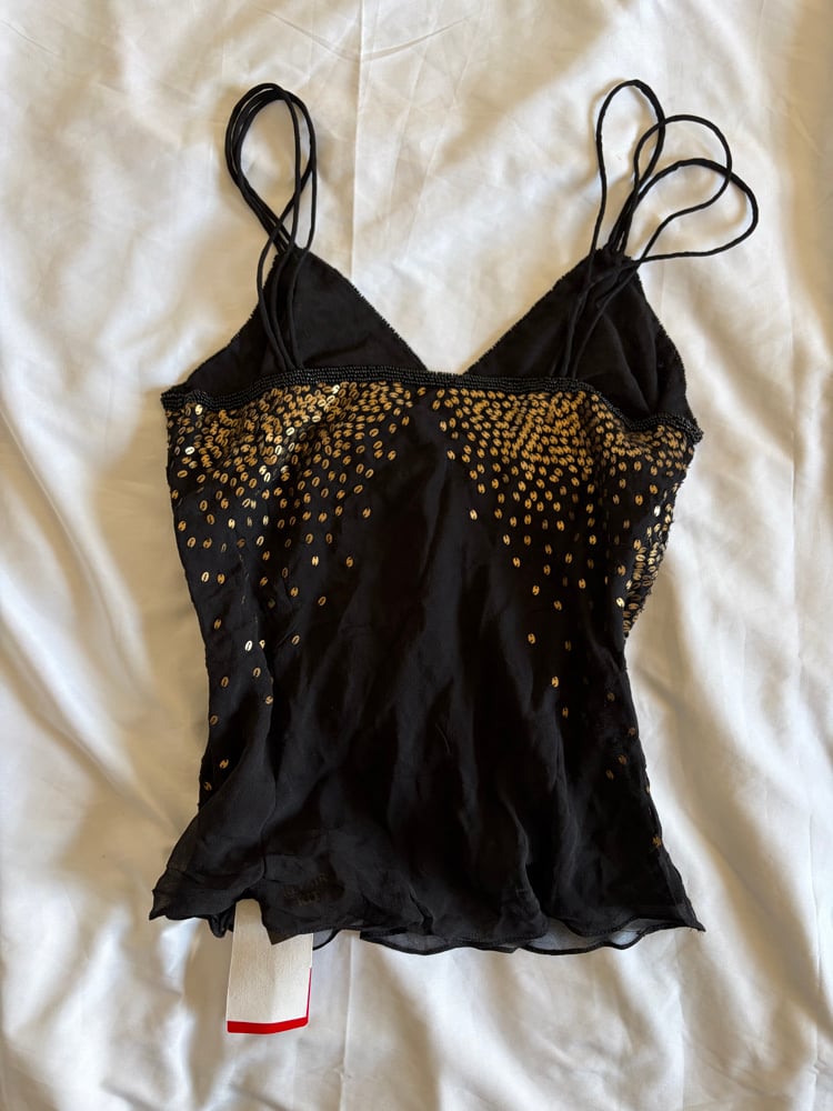 Vintage Y2K Aftershock black silk fair cami with gold sequins