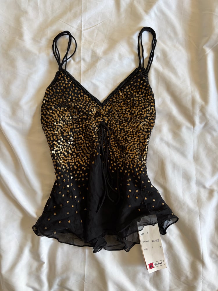 Vintage Y2K Aftershock black silk fair cami with gold sequins