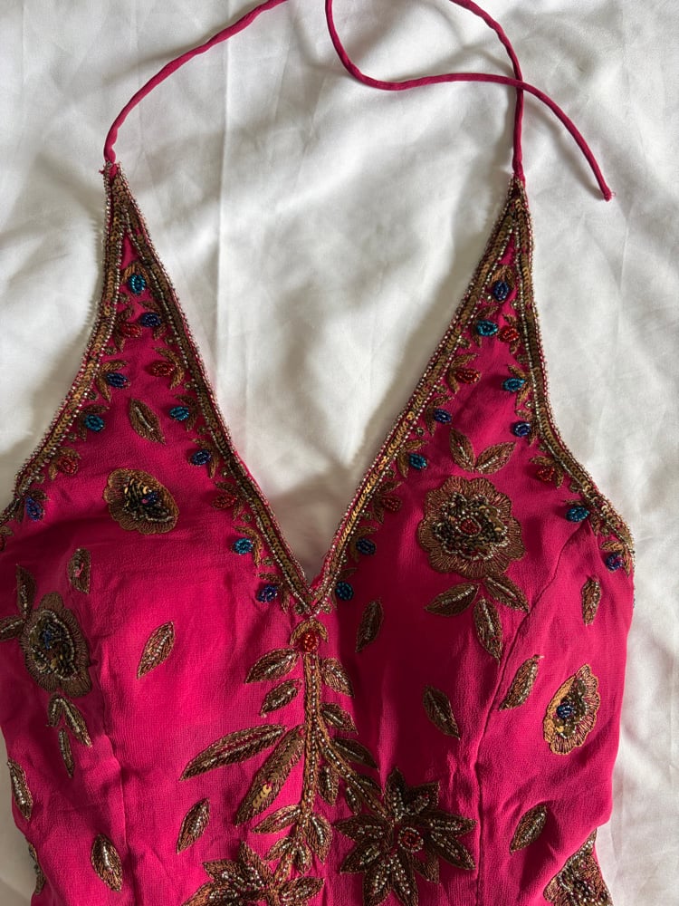 Vintage Y2K Aftershock deep pink sequin and beaded halter neck corset style top