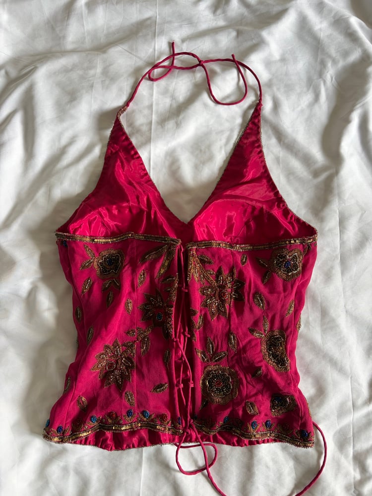 Vintage Y2K Aftershock deep pink sequin and beaded halter neck corset style top