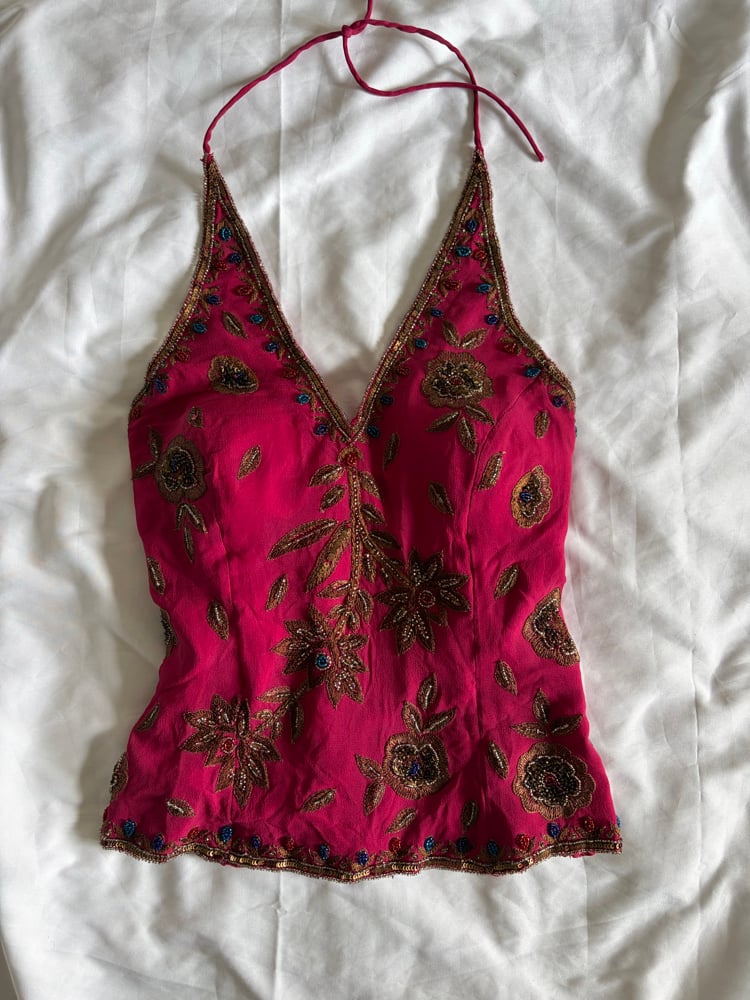 Vintage Y2K Aftershock deep pink sequin and beaded halter neck corset style top
