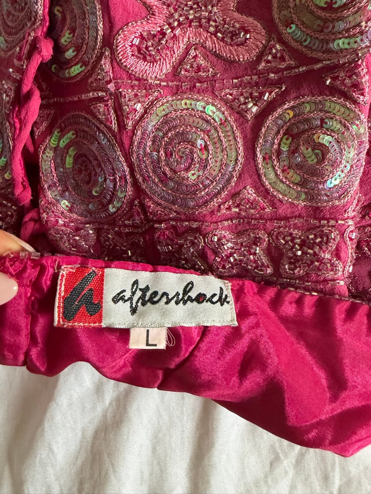 Vintage Y2K Aftershock hot pink silk sequin and beaded halter neck corset style top 