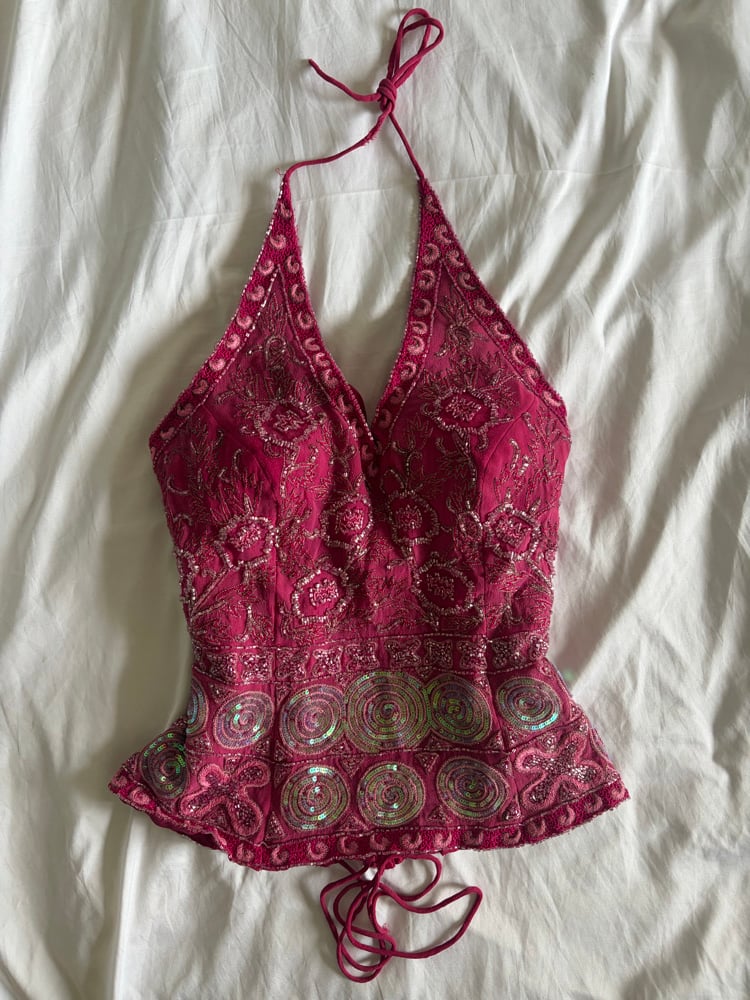 Vintage Y2K Aftershock hot pink silk sequin and beaded halter neck corset style top 