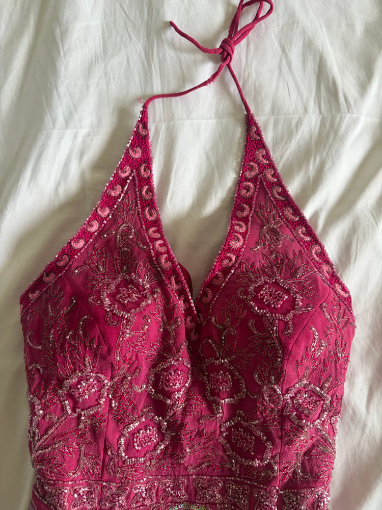 Vintage Y2K Aftershock hot pink silk sequin and beaded halter neck corset style top 
