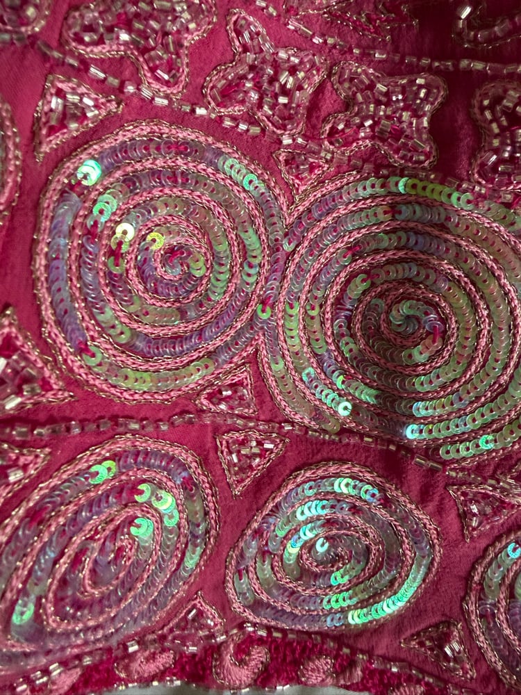 Vintage Y2K Aftershock hot pink silk sequin and beaded halter neck corset style top 
